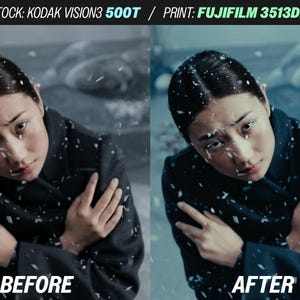 May include: Split image showing a woman in a dark coat with snow falling. The left side is labeled "BEFORE" and the right side is labeled "AFTER". The top of the image has text that reads "STOCK: KODAK VISION3 500T / PRINT: FUJIFILM 3513DI".