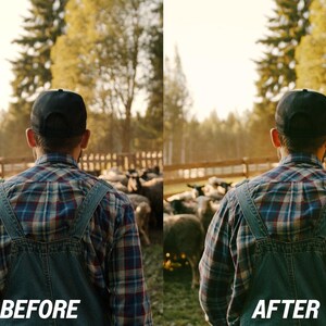 K&ouml;nnte beinhalten: Eine Person in einem karierten Hemd und Jeans-Latzhose, die einer Schafherde auf einer Weide zugewandt ist. Das Bild ist geteilt, mit dem Text "VORHER" und "NACHHER" unten, der einen Fotobearbeitungsvergleich zeigt.