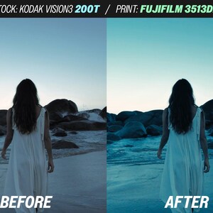 May include: Split image showing a woman in a white dress walking on a beach. The left side is labeled "BEFORE" and the right side is labeled "AFTER". The sky is a gradient of blue and the water is a dark blue.