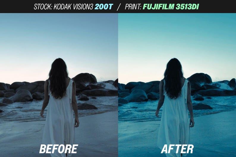 May include: Split image showing a woman in a white dress walking on a beach. The left side is labeled "BEFORE" and the right side is labeled "AFTER". The sky is a gradient of blue and the water is a dark blue.