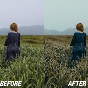 May include: A split image showing a before and after photo edit. The before image shows a person in a dark blue dress standing in a field of tall green grass. The after image shows the same person and scene with a colour adjustment.