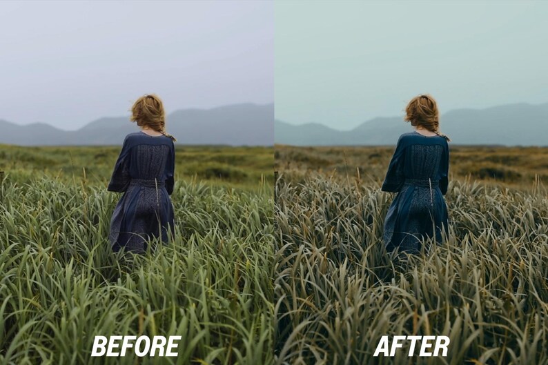 May include: A split image showing a before and after photo edit. The before image shows a person in a dark blue dress standing in a field of tall green grass. The after image shows the same person and scene with a colour adjustment.