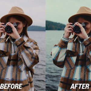 May include: A person wearing a tan hat and a plaid jacket is holding a black camera. The jacket has a brown, white, and blue plaid pattern. The background shows a lake and trees.