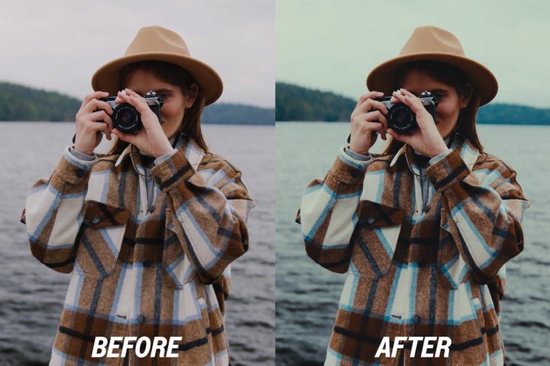 May include: A person wearing a tan hat and a plaid jacket is holding a black camera. The jacket has a brown, white, and blue plaid pattern. The background shows a lake and trees.
