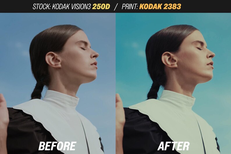 May include: Split image showing a person's profile against a blue sky. The left side is labeled "BEFORE" and the right side is labeled "AFTER". The person wears a white collar and black top. The text at the top reads "STOCK: KODAK VISION3 250D / PRINT: KODAK 2383".