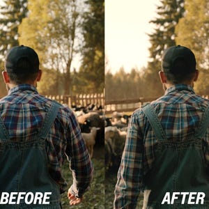 Puede incluir: Una persona con camisa a cuadros y peto vaquero, vista de espaldas, con gorra negra. La persona est&aacute; de pie frente a un reba&ntilde;o de ovejas. El texto "ANTES" y "DESPU&Eacute;S" est&aacute; en la parte inferior.