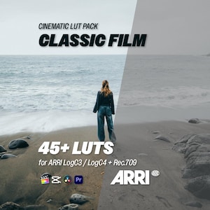 K&ouml;nnte beinhalten: Eine Person steht am Strand mit Blick auf das Meer. Der Text "CINEMATIC LUT PACK CLASSIC FILM" ist zu sehen, sowie "45+ LUTS for ARRI LogC3/LogC4 + Rec.709" und das ARRI-Logo.