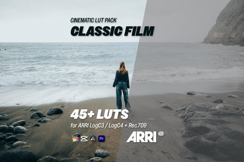 K&ouml;nnte beinhalten: Eine Person steht am Strand mit Blick auf das Meer. Der Text "CINEMATIC LUT PACK CLASSIC FILM" ist zu sehen, sowie "45+ LUTS for ARRI LogC3/LogC4 + Rec.709" und das ARRI-Logo.