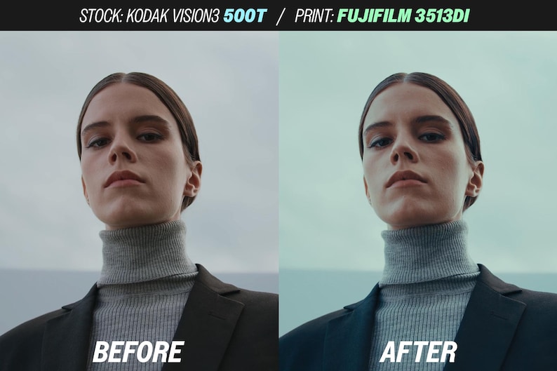 Puede incluir: Imagen dividida que muestra a una persona con un cuello alto gris y una blazer negra. El lado izquierdo est&aacute; etiquetado como "ANTES" y el lado derecho como "DESPU&Eacute;S". La parte superior de la imagen tiene el texto "STOCK: KODAK VISION3 500T / PRINT: FUJIFILM 3513DI".