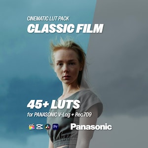 May include: Image features a woman with red hair against a blue and gray background. Text overlay reads "CINEMATIC LUT PACK CLASSIC FILM" and "45+ LUTS for PANASONIC V-Log + Rec.709". Includes software icons and the Panasonic logo.