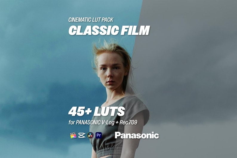 Puede incluir: Imagen de una mujer pelirroja sobre un fondo azul y gris. Superposici&oacute;n de texto: "CINEMATIC LUT PACK CLASSIC FILM" y "45+ LUTS for PANASONIC V-Log + Rec.709". Incluye iconos de software y el logotipo de Panasonic.