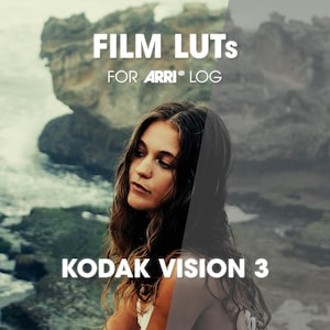 Puede incluir: Un gráfico digital que muestra el texto FILM LUTs FOR ARRI LOG y KODAK VISION 3 sobre una imagen dividida. El lado izquierdo muestra una escena costera con acantilados rocosos y olas, mientras que el lado derecho muestra una versión gris desaturada.