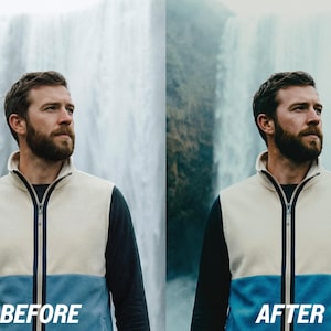 May include: A split image showing a man before and after a change. He wears a cream, blue, and navy zip-up vest. The text "BEFORE" and "AFTER" are displayed at the bottom of each image, highlighting the transformation.