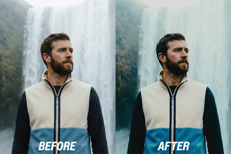 May include: A split image showing a man before and after a change. He wears a cream, blue, and navy zip-up vest. The text "BEFORE" and "AFTER" are displayed at the bottom of each image, highlighting the transformation.