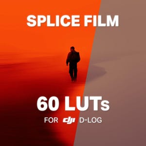 May include: A digital graphic featuring the text SPLICE FILM and 60 LUTs FOR DJI D-LOG. The background is split diagonally between a vibrant orange side and a muted gray side, with a silhouette of a person walking in the center.