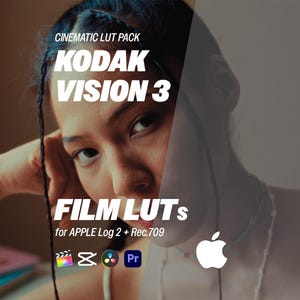 Pode incluir: Imagem com sobreposição de texto: "CINEMATIC LUT PACK KODAK VISION 3 FILM LUTS for APPLE Log 2 + Rec.709". Inclui o logotipo da Apple e ícones de software de edição de vídeo. A imagem tem uma estética quente e cinematográfica.