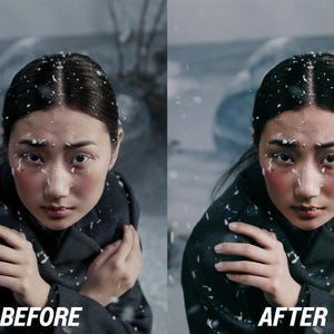 K&ouml;nnte beinhalten: Portr&auml;t einer Person in einem dunklen Mantel mit Schnee auf Haar und Gesicht. Das Bild ist geteilt, mit "BEFORE" links und "AFTER" rechts, was auf eine Bearbeitung hindeutet. Die Person hat rosige Wangen und schaut in die Kamera.