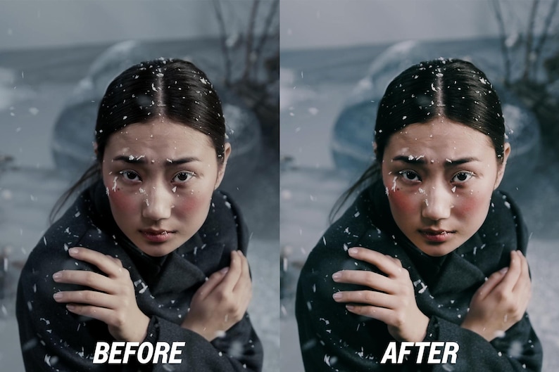 K&ouml;nnte beinhalten: Portr&auml;t einer Person in einem dunklen Mantel mit Schnee auf Haar und Gesicht. Das Bild ist geteilt, mit "BEFORE" links und "AFTER" rechts, was auf eine Bearbeitung hindeutet. Die Person hat rosige Wangen und schaut in die Kamera.