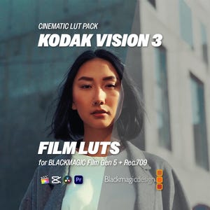 Pode incluir: Imagem com uma pessoa usando um casaco cinza com sobreposição de texto. O texto diz "CINEMATIC LUT PACK KODAK VISION 3" e "FILM LUTS for BLACKMAGIC Film Gen 5 + Rec.709". O logotipo da Blackmagicdesign também é visível.