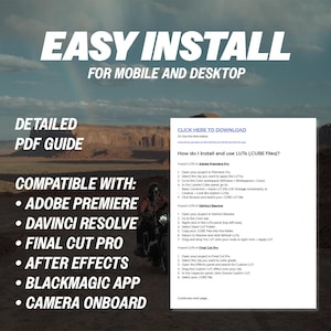 Puede incluir: Imagen con texto: "INSTALACI&Oacute;N F&Aacute;CIL PARA M&Oacute;VIL Y ESCRITORIO." Incluye una gu&iacute;a PDF detallada. Compatible con Adobe Premiere, DaVinci Resolve, Final Cut Pro, After Effects, Blackmagic App y Camera Onboard. Tambi&eacute;n se proporcionan instrucciones y un enlace de descarga.