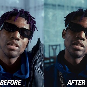 May include: A split image showing a person before and after a photo edit. The person wears black sunglasses, a blue jacket, and a gold chain. The text "BEFORE" and "AFTER" are at the bottom of each image.