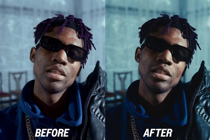 May include: A split image showing a person before and after a photo edit. The person wears black sunglasses, a blue jacket, and a gold chain. The text "BEFORE" and "AFTER" are at the bottom of each image.