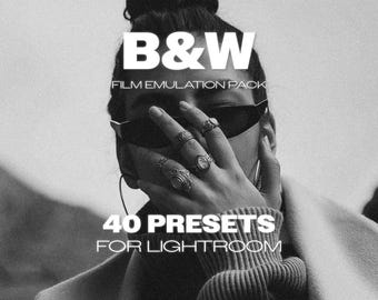 May include: A black and white digital product graphic featuring the text B&W FILM EMULATION PACK and 40 PRESETS FOR LIGHTROOM. The image displays a person wearing dark sunglasses and multiple rings on their fingers, partially covering their face.