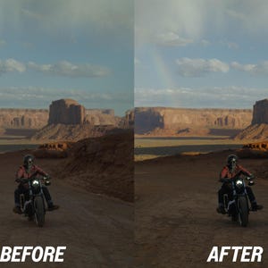Puede incluir: Un motociclista en una moto negra viaja por un camino de tierra en un paisaje des&eacute;rtico. La imagen est&aacute; dividida, con el texto "ANTES" a la izquierda y "DESPU&Eacute;S" a la derecha, mostrando una edici&oacute;n. Un arco&iacute;ris es visible en el cielo.