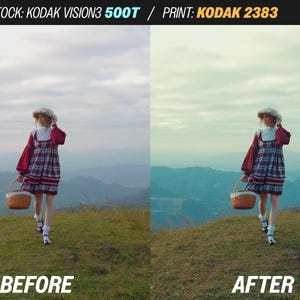 May include: A scenic landscape photo with a person in a red and plaid dress, holding a basket, walking on a grassy hill. The image is split, showing a "BEFORE" and "AFTER" comparison. The sky is cloudy.