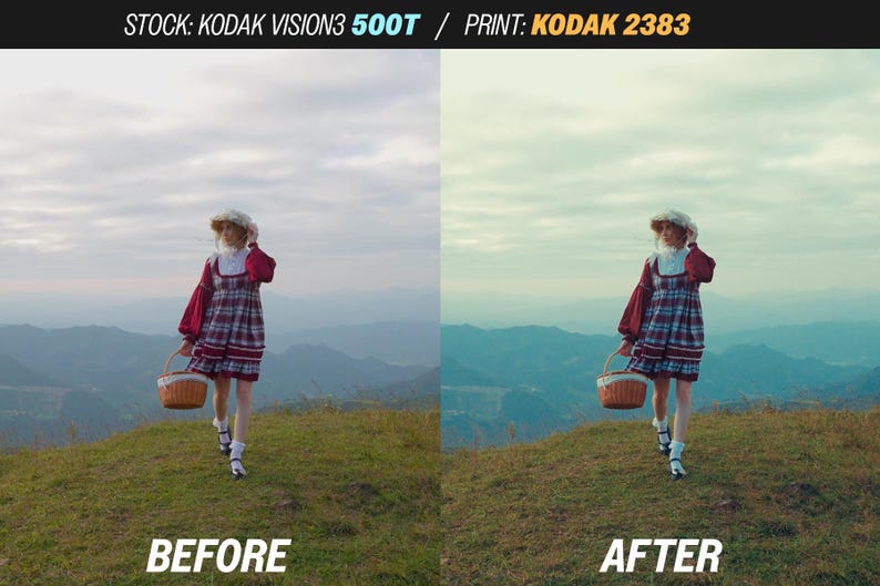 May include: A scenic landscape photo with a person in a red and plaid dress, holding a basket, walking on a grassy hill. The image is split, showing a "BEFORE" and "AFTER" comparison. The sky is cloudy.