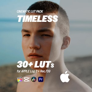 May include: A promotional image for a "Cinematic LUT Pack" called "Timeless." The image features a person with text overlaying the image. The text includes "30+ LUTs" and the Apple logo. The background is a blurred outdoor scene.