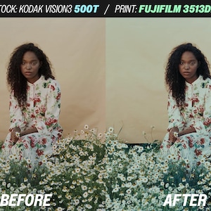 May include: The image shows a woman in a floral dress sitting in a field of white flowers. The dress has red and green floral patterns. The text "BEFORE" and "AFTER" is visible at the bottom of the image, with the text "STOCK: KODAK VISION3 500T / PRINT: FUJIFILM 3513DI" at the top.