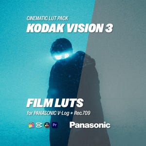 Pode incluir: Imagem promocional para um pacote LUT cinematográfico. O texto "KODAK VISION 3" é exibido em destaque, juntamente com "FILM LUTS" e "for PANASONIC V-Log + Rec.709". Uma silhueta de uma pessoa é visível contra um fundo gradiente azul e cinza. O logotipo da Panasonic também está presente.
