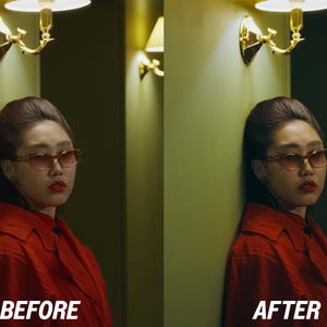 Puede incluir: Una persona con gafas de sol y un abrigo rojo se apoya en una pared verde. La imagen est&aacute; dividida, con el texto "BEFORE" en la parte inferior izquierda y "AFTER" en la parte inferior derecha, lo que sugiere una comparaci&oacute;n o transformaci&oacute;n.