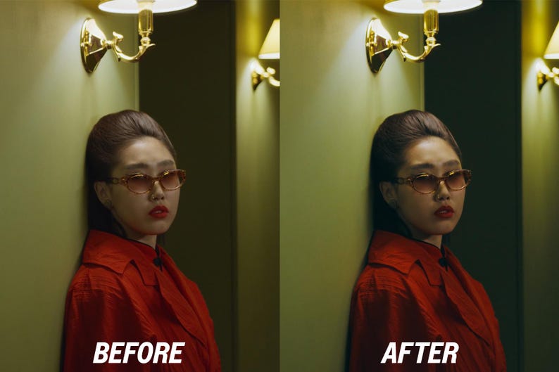 Puede incluir: Una persona con gafas de sol y un abrigo rojo se apoya en una pared verde. La imagen est&aacute; dividida, con el texto "BEFORE" en la parte inferior izquierda y "AFTER" en la parte inferior derecha, lo que sugiere una comparaci&oacute;n o transformaci&oacute;n.