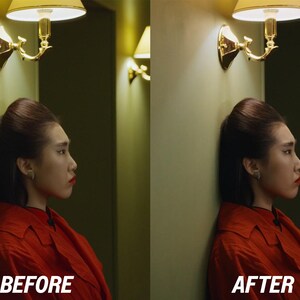 May include: A side profile of a person wearing a red jacket, leaning against a green wall. The image is split, with the word "BEFORE" at the bottom left and "AFTER" at the bottom right. Gold sconces with lampshades are mounted on the wall.