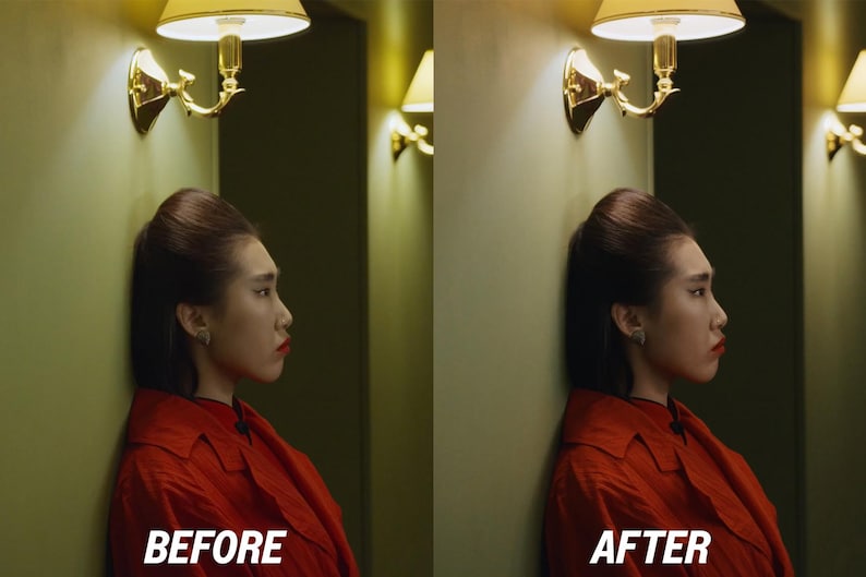 May include: A side profile of a person wearing a red jacket, leaning against a green wall. The image is split, with the word "BEFORE" at the bottom left and "AFTER" at the bottom right. Gold sconces with lampshades are mounted on the wall.