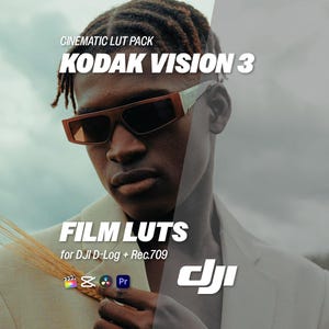 Puede incluir: Una persona con gafas de sol con montura blanca y marr&oacute;n. La imagen incluye el texto "CINEMATIC LUT PACK KODAK VISION 3" y "FILM LUTS for DJI D-Log + Rec.709". La imagen tambi&eacute;n incluye los logotipos de software de edici&oacute;n de v&iacute;deo.