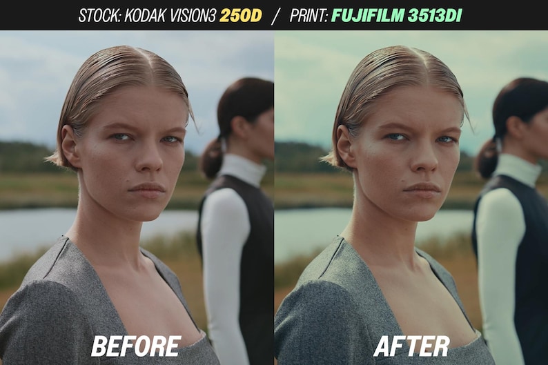 Puede incluir: Imagen dividida que muestra a una mujer antes y despu&eacute;s de la edici&oacute;n fotogr&aacute;fica. El lado "ANTES" muestra a una mujer con un vestido gris, mientras que el lado "DESPU&Eacute;S" muestra a la misma mujer con un tono de color ligeramente diferente. El texto en la parte superior dice "STOCK: KODAK VISION3 250D / PRINT: FUJIFILM 3513DI".