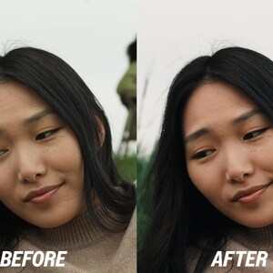 May include: Image comparison showing a woman's face with the text "BEFORE" and "AFTER" at the bottom. The woman has long black hair and is wearing a beige sweater. The "AFTER" image shows a slightly enhanced complexion.
