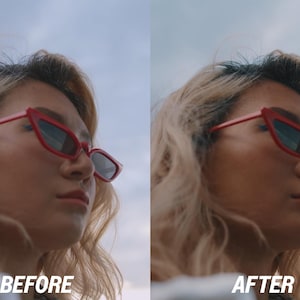 May include: A side-profile shot of a person wearing red-framed sunglasses with dark lenses. The image is split, with "BEFORE" text on the left and "AFTER" on the right, suggesting a photo editing comparison. The person has blonde hair.