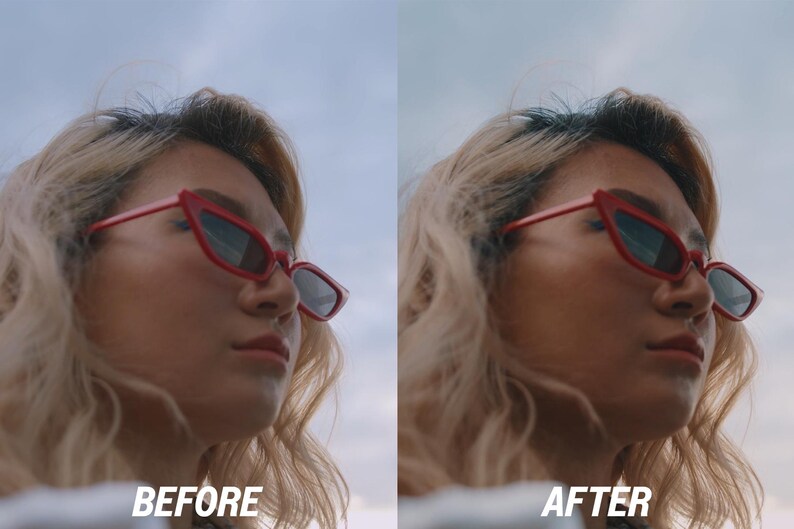 May include: A side-profile shot of a person wearing red-framed sunglasses with dark lenses. The image is split, with "BEFORE" text on the left and "AFTER" on the right, suggesting a photo editing comparison. The person has blonde hair.