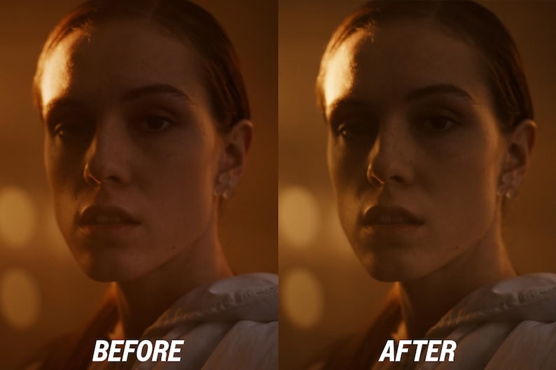 Puede incluir: Imagen dividida que muestra el rostro de una mujer antes y despu&eacute;s de una edici&oacute;n fotogr&aacute;fica. El lado izquierdo est&aacute; etiquetado como "ANTES" y el lado derecho como "DESPU&Eacute;S". La imagen est&aacute; iluminada con tonos c&aacute;lidos.