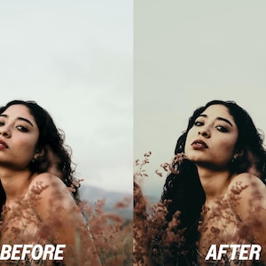 May include: A split image featuring a woman with dark hair and red lipstick. The left side is labelled "BEFORE" and the right side is labelled "AFTER". The woman is surrounded by tall, brown plants, with a cloudy sky in the background.