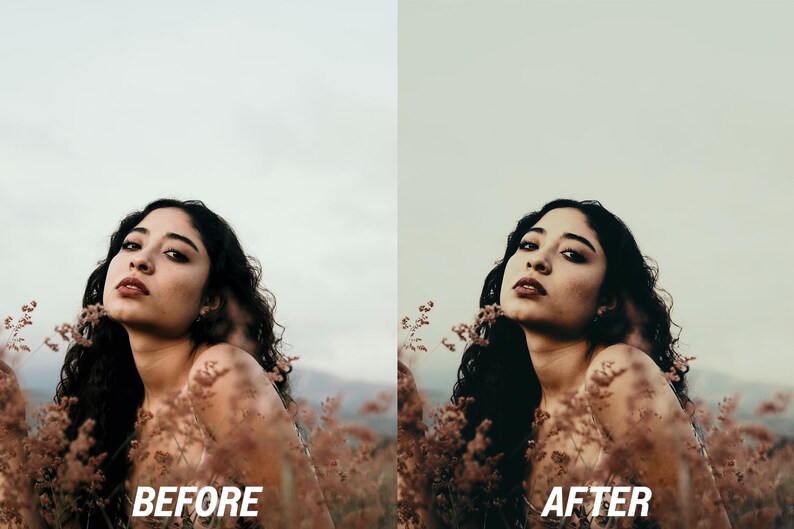May include: A split image featuring a woman with dark hair and red lipstick. The left side is labelled "BEFORE" and the right side is labelled "AFTER". The woman is surrounded by tall, brown plants, with a cloudy sky in the background.