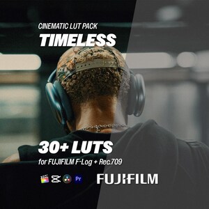 Puede incluir: Una persona con auriculares y una gorra de b&eacute;isbol de camuflaje, vista desde atr&aacute;s. La imagen presenta el texto "CINEMATIC LUT PACK TIMELESS" y "30+ LUTS for FUJIFILM F-Log + Rec.709". Tambi&eacute;n es visible el logotipo de Fujifilm.