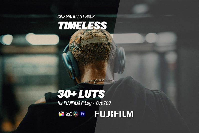 Puede incluir: Una persona con auriculares y una gorra de b&eacute;isbol de camuflaje, vista desde atr&aacute;s. La imagen presenta el texto "CINEMATIC LUT PACK TIMELESS" y "30+ LUTS for FUJIFILM F-Log + Rec.709". Tambi&eacute;n es visible el logotipo de Fujifilm.