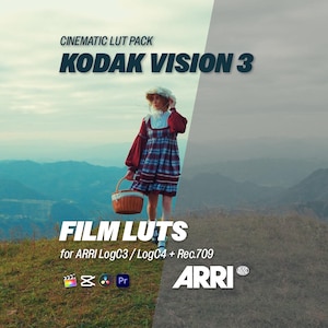Pode incluir: Uma pessoa com um vestido xadrez vermelho e azul e um chapéu de palha está em pé em uma colina gramada, segurando uma cesta. A imagem apresenta o texto "CINEMATIC LUT PACK KODAK VISION 3" e "FILM LUTS for ARRI LogC3/LogC4 + Rec.709". O logotipo da ARRI também é visível.