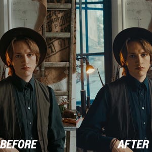 May include: A person wearing a dark green shirt, brown waistcoat, and a brown hat. The image has the text "BEFORE" and "AFTER" at the bottom, indicating a comparison of two versions of the image.