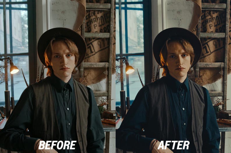 May include: A person wearing a dark green shirt, brown waistcoat, and a brown hat. The image has the text "BEFORE" and "AFTER" at the bottom, indicating a comparison of two versions of the image.